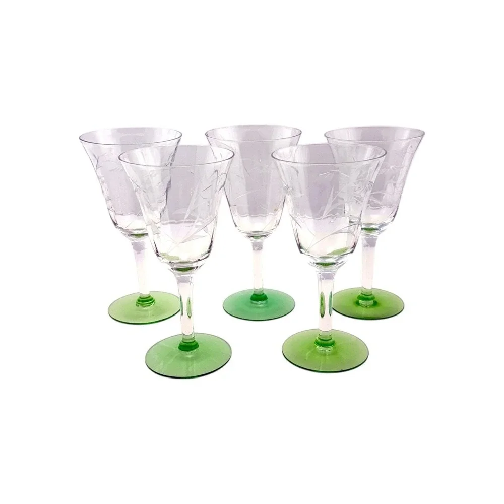 Vintage Optic Glass Wine Glasses Green Footed (5) Etched Flowers 6 5/8
